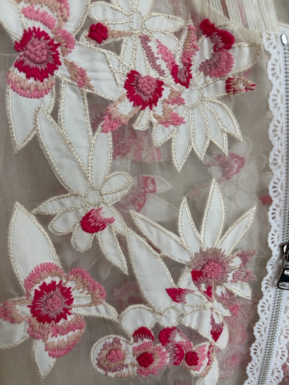 Elie Tahari Sheer Floral Embroidered Bomber Jacket - White & Pink - Picture 5 of 13